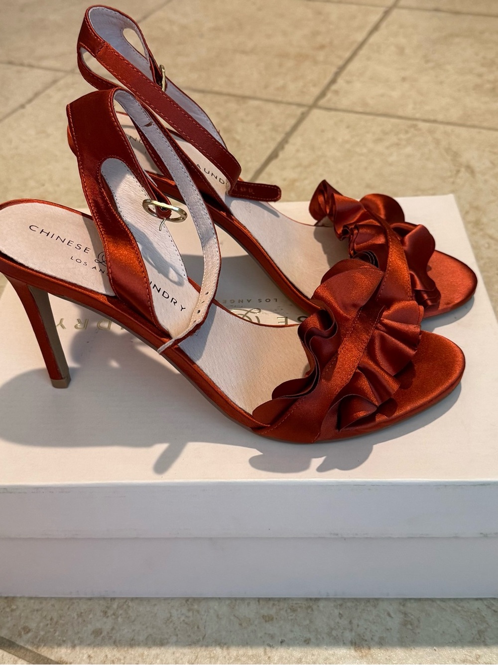 Chinese Laundry Rust Jainey Satin Ruffle Ankle-Strap Heels